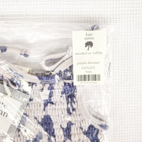 Kate Quinn Purple Dinosaur Organic Smocked Tie Bubble 3-6 Months Summer Romper - Picture 2 of 9